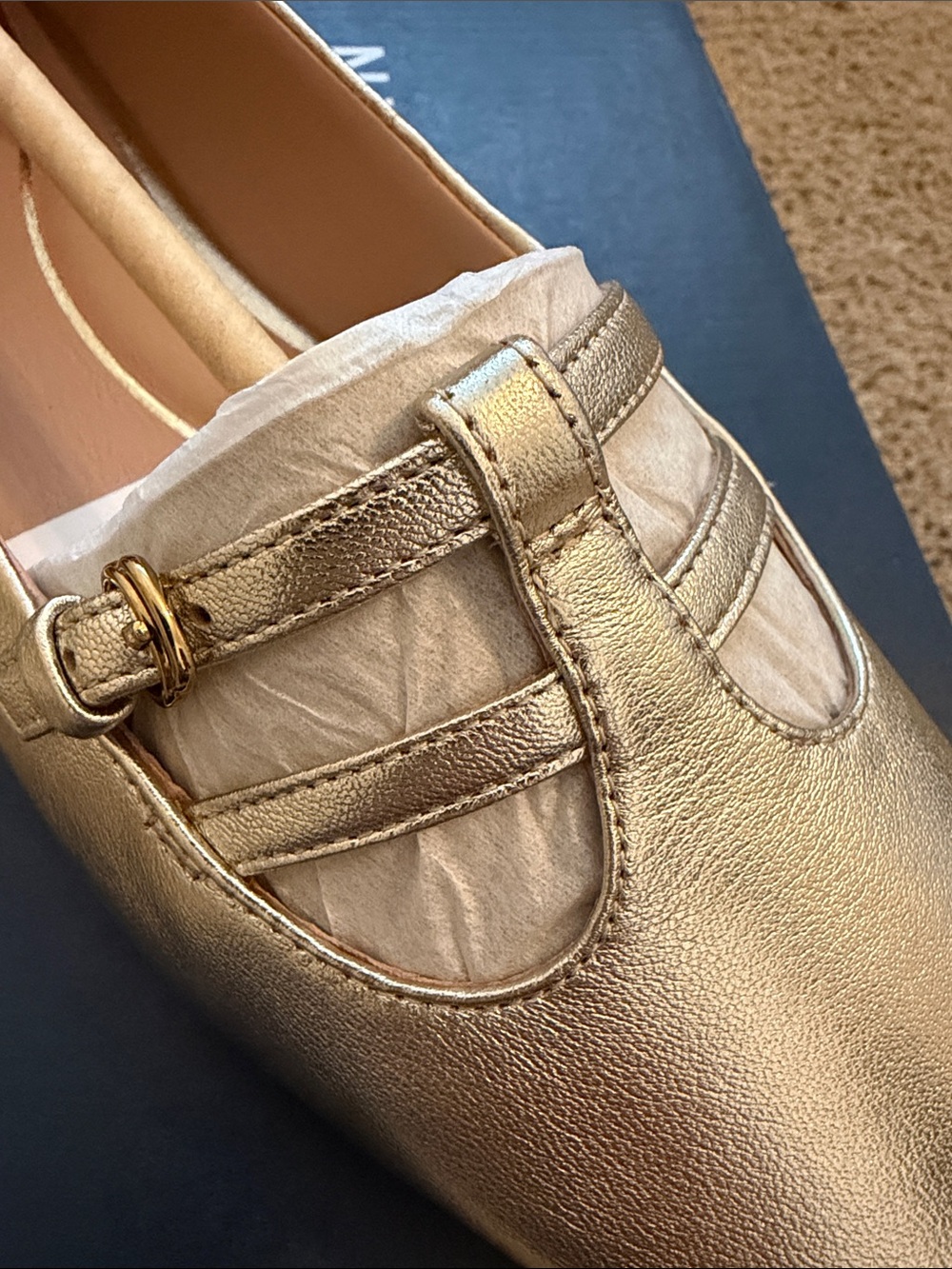 Cole Haan Metallic Gold Leather Square-Toe Tstrap ballet flat- 8.5 Brand New - Picture 4 of 5